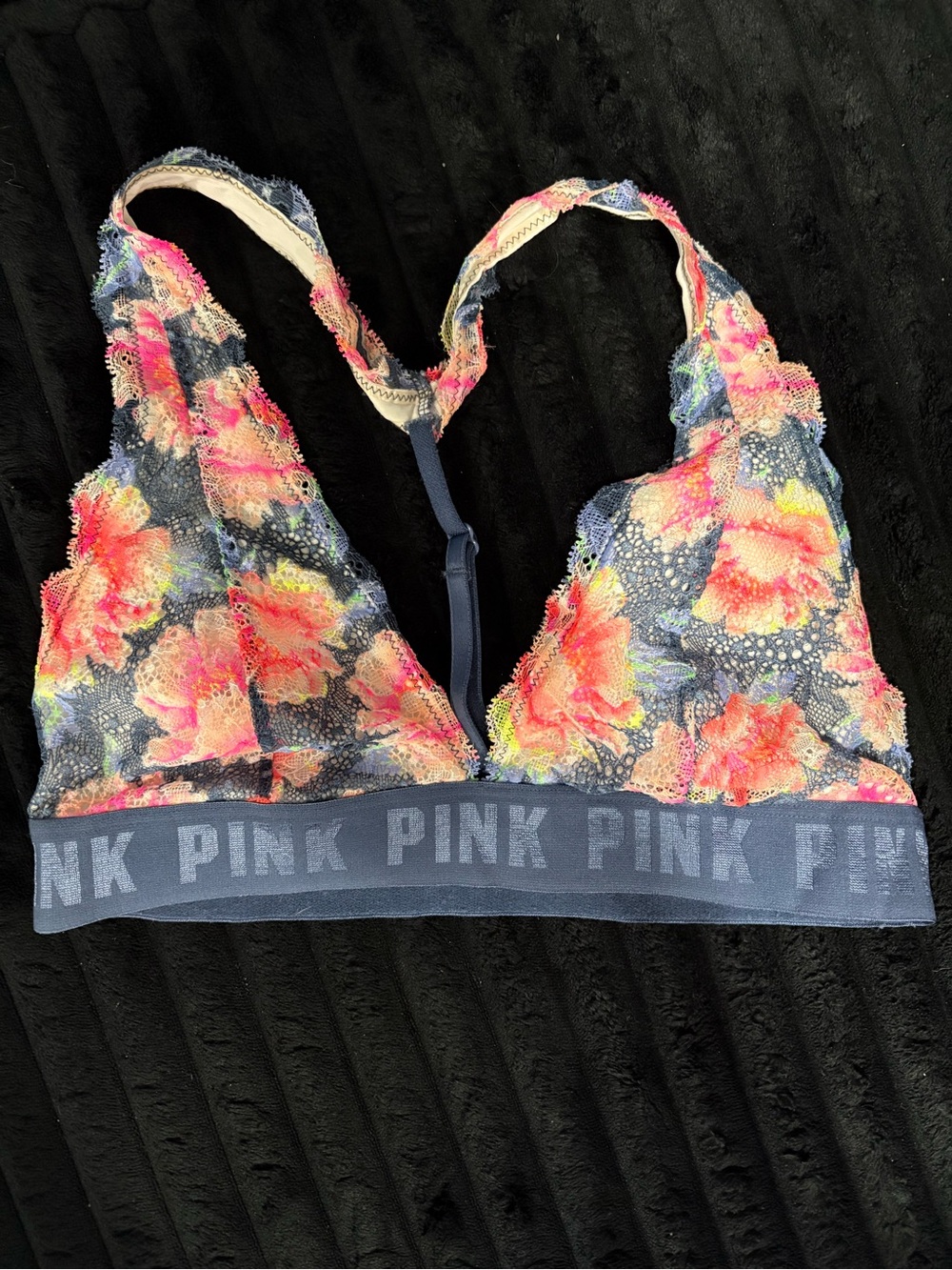PINK Victoria's Secret Navy Lace Bralette with Pink Floral Print